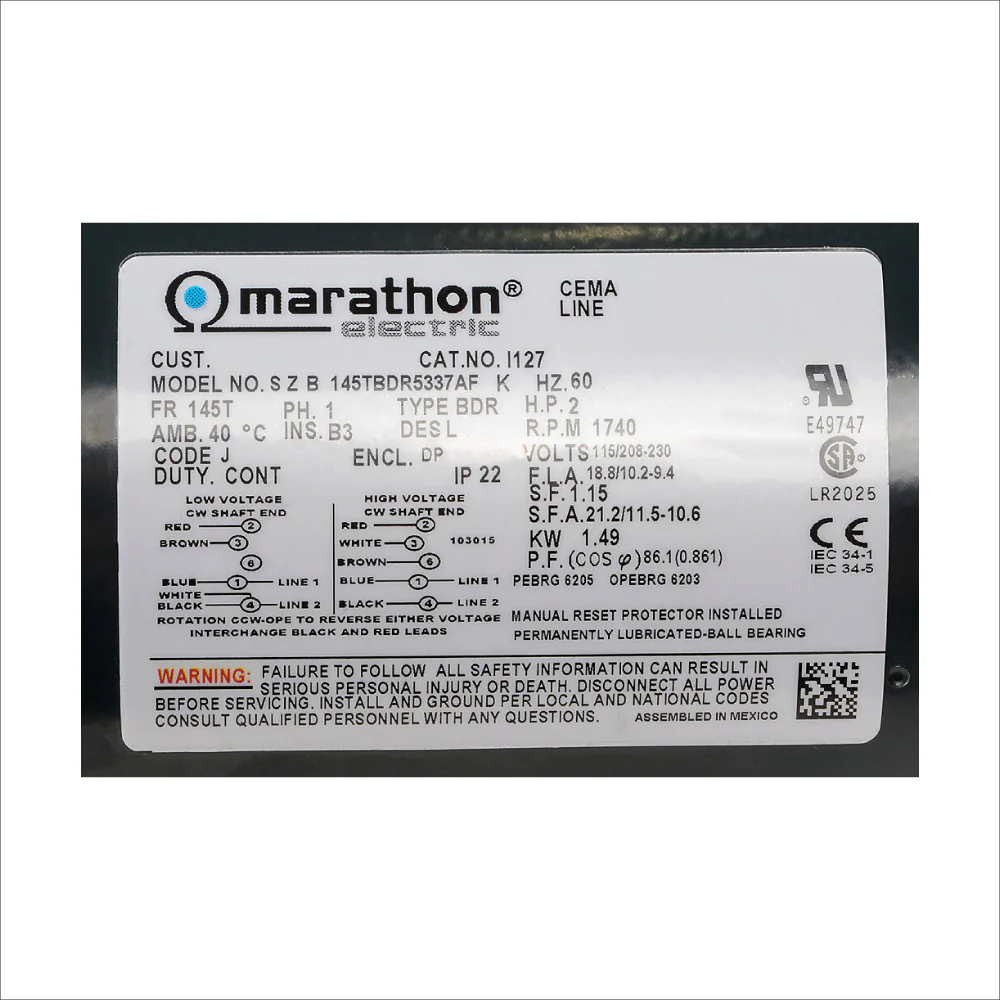 Motor 1F 2HP 1800RPM 145T ODP 115/208-230V I127 - Image 3
