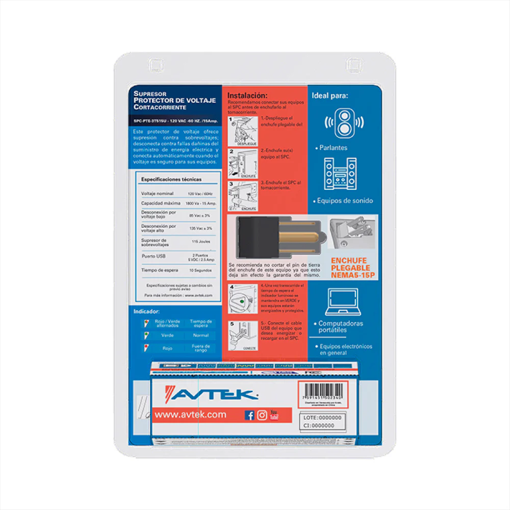 PROTECTOR VOLTA 3TC + 2USB 15A 120V SPC-PTE-3T515U - Image 2